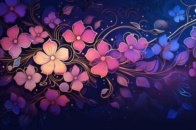 Abstract purple background with gold outlined flower pattern