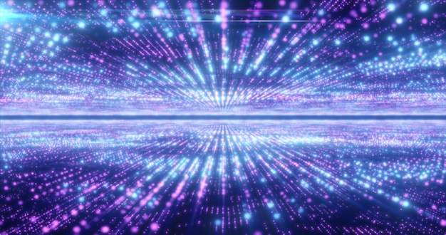 Абстрактные фиолетовые энергетические линии и цифровые частицы летают в туннеле с эффектом боке