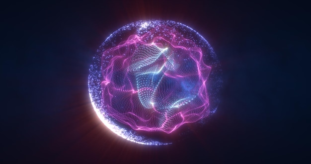 abstract purple energy sphere from particles and waves of magical glowing on a dark background