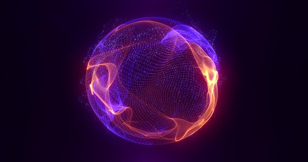 Abstract purple energy sphere of particles and waves of magical glowing on a dark background