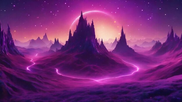 Abstract purple futuristic landscape of particles and dots of energetic magic with glow and blur