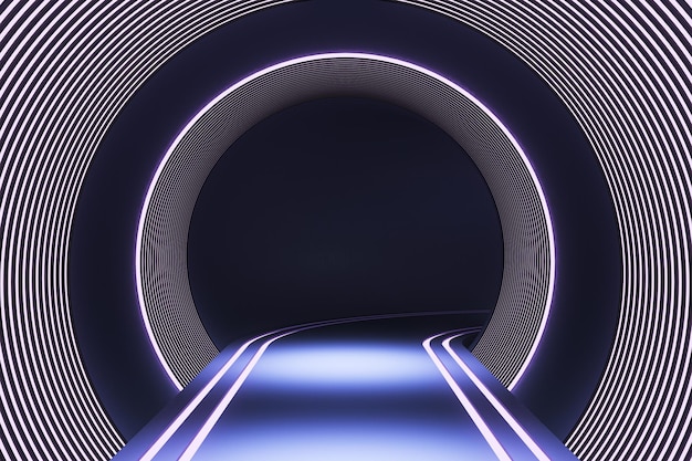 Abstract purple futuristic tunnel with lines backdrop Website landing page concept 3D Rendering