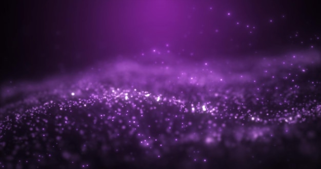 Abstract purple glowing energy waves from particles and magic dots with blur effect on dark