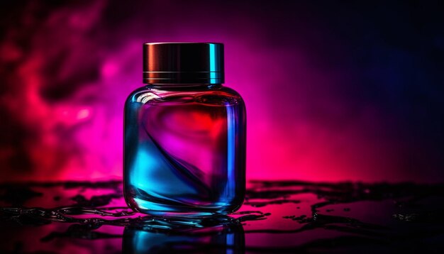 Abstract purple liquid in glass bottle spraying scented perfume generated by artificial intelligence