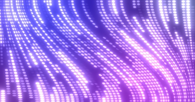 Абстрактные фиолетовые разноцветные светящиеся летающие линии, полосы светящихся точек и частиц энергии