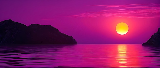 Abstract purple sea scene during the night with the yellow moon in the sky