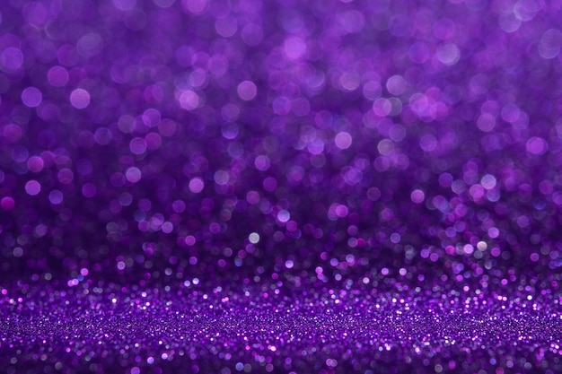 Abstract purple sparkling glitter wall and floor perspective background studio with blur bokeh