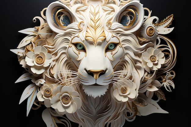 抽象的なクイリング装飾的なデザインのための神秘的なフランスのライオン職人技の優雅さ美しい光の背景黒の背景に未来的な形状プレミアム賞を受賞した美学