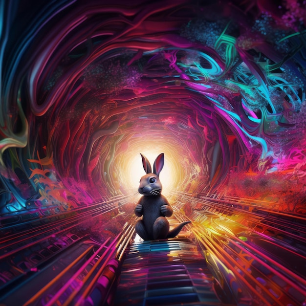 Abstract rabbit is sitting in geometrical tunnel background