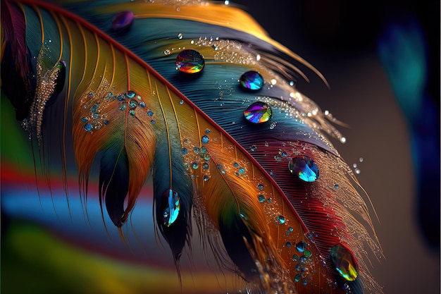 Abstract rainbow colorful bright feather closeup up macro view background Plumage texture with dew drops