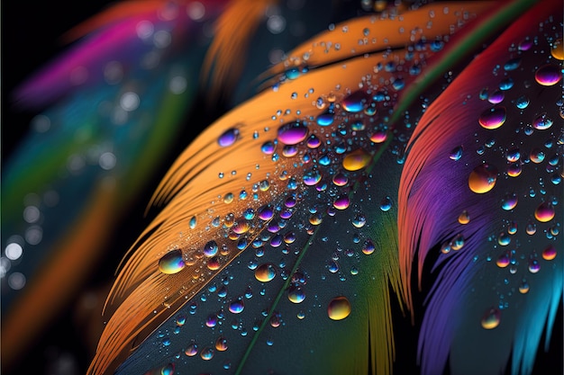 Photo abstract rainbow colorful bright feather closeup up macro view background plumage texture with dew drops