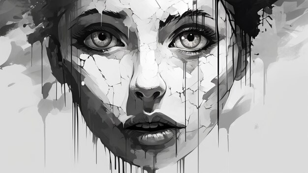 Abstract Realism Black And White Painting Of A Tearful Woman