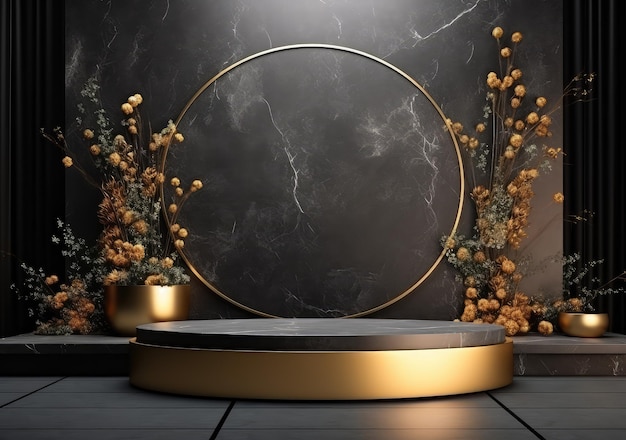 Abstract realistic 3D black cylinder pedestal podium with black and golden Luxury black friday sale scene for product display presentation AI Generative