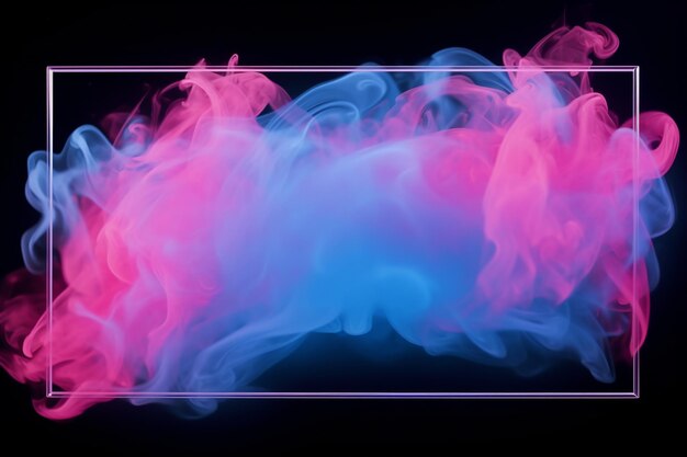 Photo abstract rectangle neon frame on pink and blue smoke background