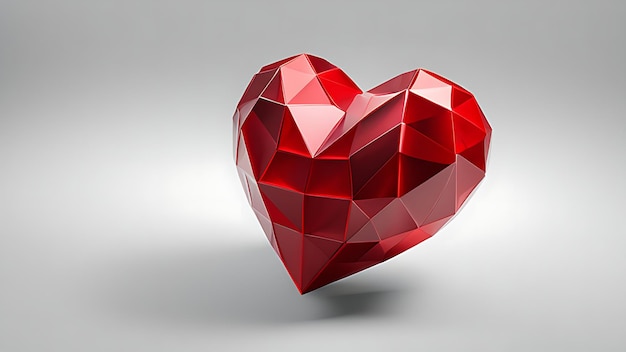 색 배경에 추상적인 빨간색 3D 심장 형상 에테리얼 낮은 폴리 스타일