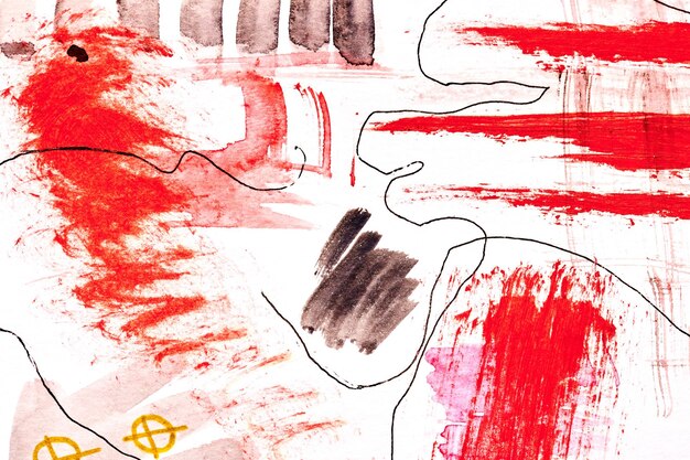 Abstract red background Chaotic brush strokes and paint spots on white paper bright contrasting background