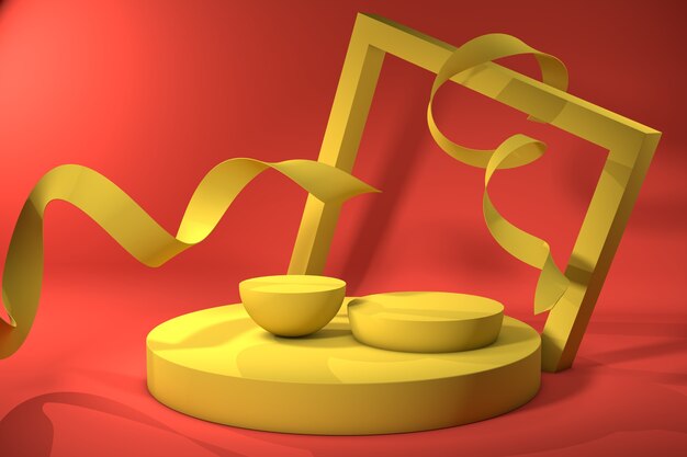 Abstract red background with yellow geometric shape podium with ribbons for product. minimal concept. 3d rendering