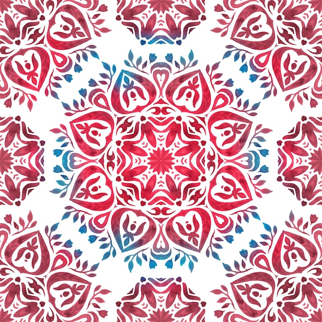 abstract red blue and white medallion tile seamless ornamental pattern watercolor