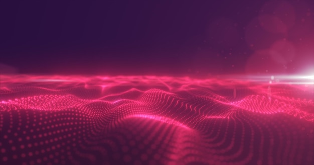 Abstract red energy surface with magic waves of particles and points