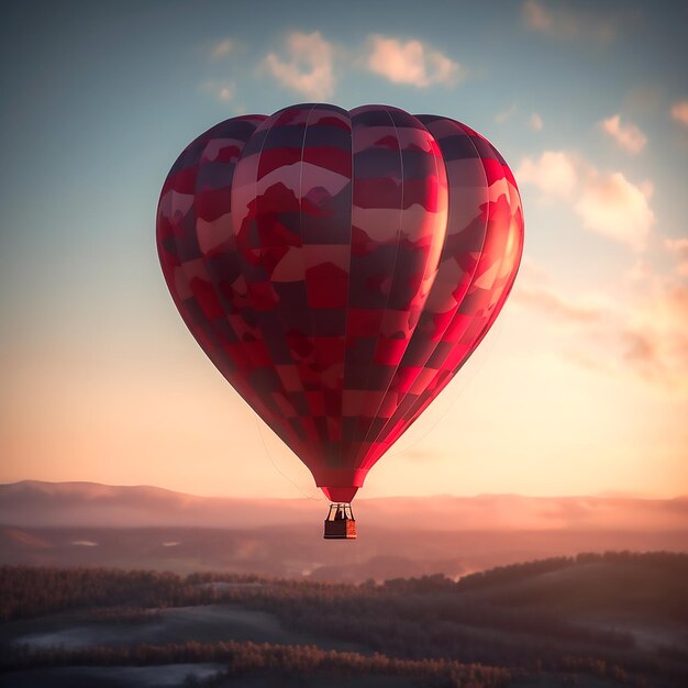 An abstract red hot air balloon traveling alone in the evening sky