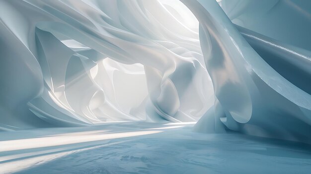 Abstract render of a futuristic ice cave with smooth walls and a bright light in the distance
