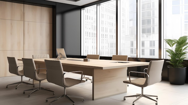 Abstract rendering of a meeting room with natural elements and modern design perfect for corporate settings and institutional critique