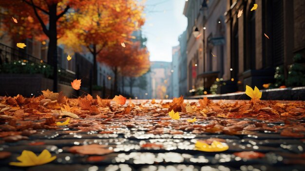 Абстрактное изображение осени в городе с падающими листьями на тротуаре Генеративный ИИ