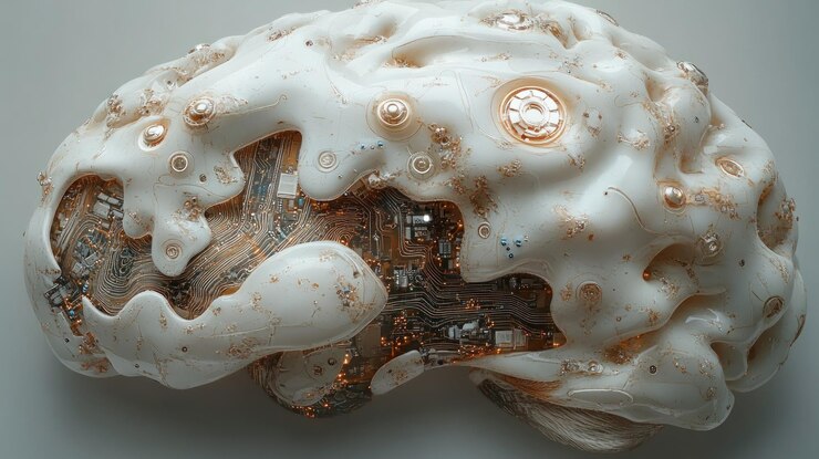 Photo abstract representation of a brain with circuits and fluid textures