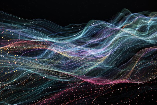abstract representation of a colorful wave pulsating in the dark creating a mesmerizing visual pattern data streams flowing through a network topology