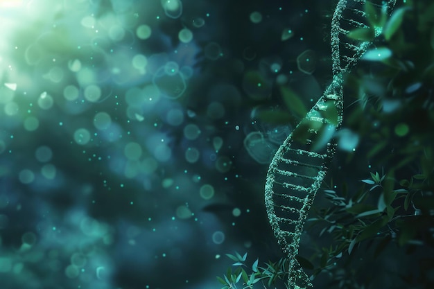 abstract representation of dna helix on a dark green background with soft bokeh effects and light rays
