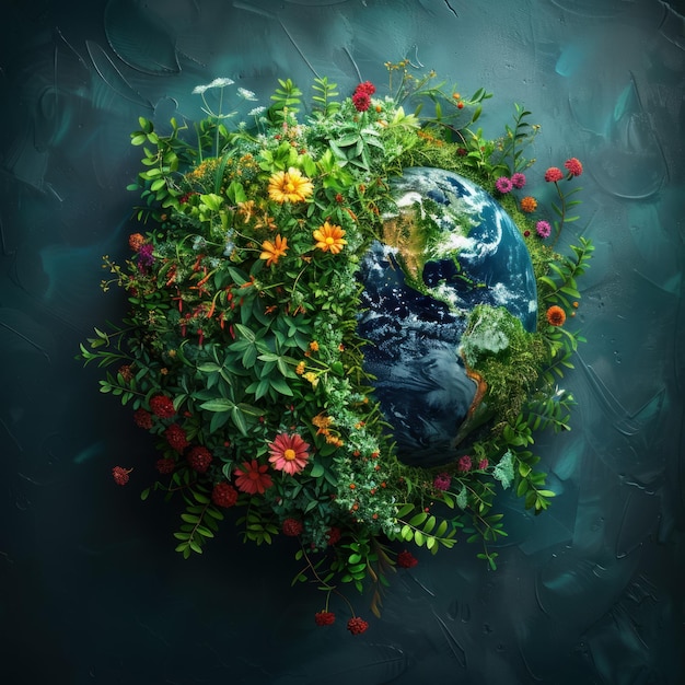 An abstract representation of the Earth with half covered in greenery and the other