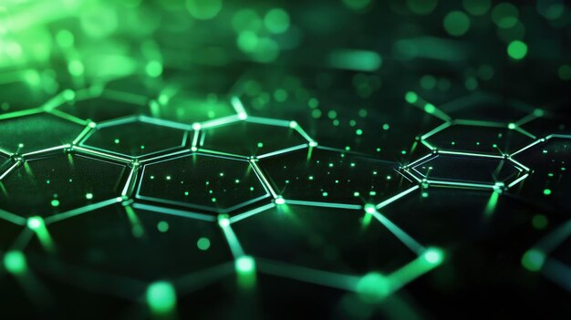 Abstract representation of interconnected hexagonal structures with glowing particles