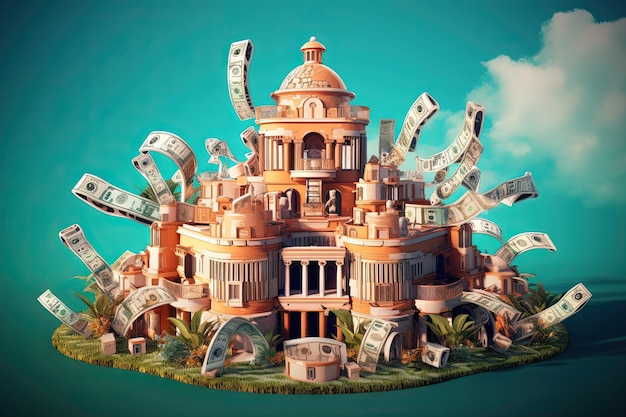An abstract representation of a luxury mansion with architectural elements morphing into dollar signs symbolizing the wealth and prosperity of its owner illustration generative ai