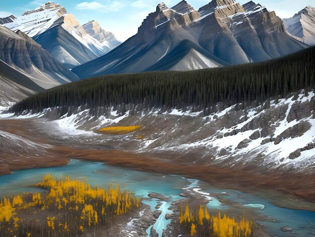 An abstract representation of the rugged terrain of Banff National Park Canada with vibrant colors