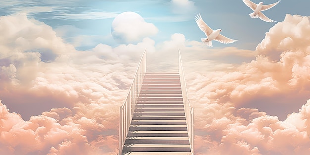 Photo abstract representation of a stairway to heaven path adorned with clouds and a peaceful dove creating a captivating visual display that symbolizes spiritual ascent and tranquility generative ai