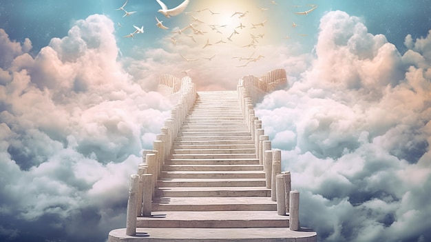 Абстрактное изображение лестницы к небу, украшенной облаками и мирным голубем, создавая захватывающее визуальное изображение, символизирующее духовное восхождение и спокойствие.