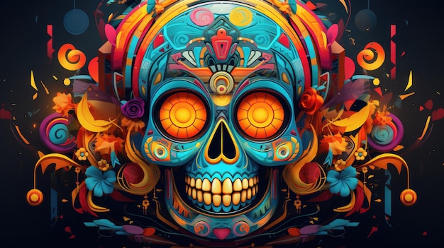 an abstract representation of a sugar skull composed of geometric shapes and bold contrasting color