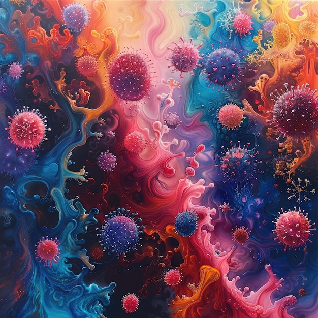 Абстрактное изображение вспышки вируса с хаотическими рисунками ярких цветов