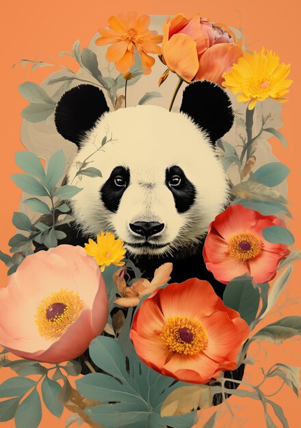 Abstract retro bear collage blending tropical florals and sun