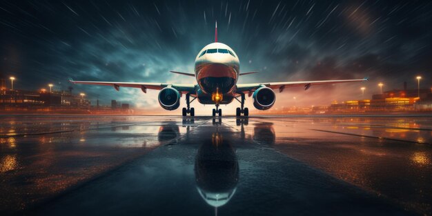 абстрактный ретро размытый пассажирский самолет на ночной взлетно-посадочной полосе