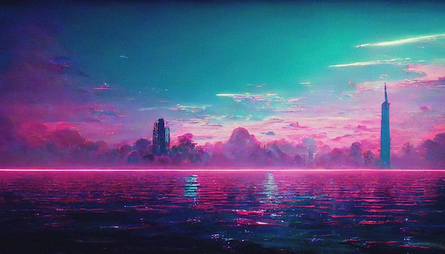 Abstract Retro futuristic scifi synthwave landscape in space with stars Vaporwave stylized 3D illustration for EDM music Ai render