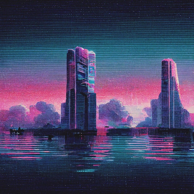 Photo abstract retro futuristic scifi synthwave landscape in space with stars vaporwave stylized 3d illustration for edm music ai render