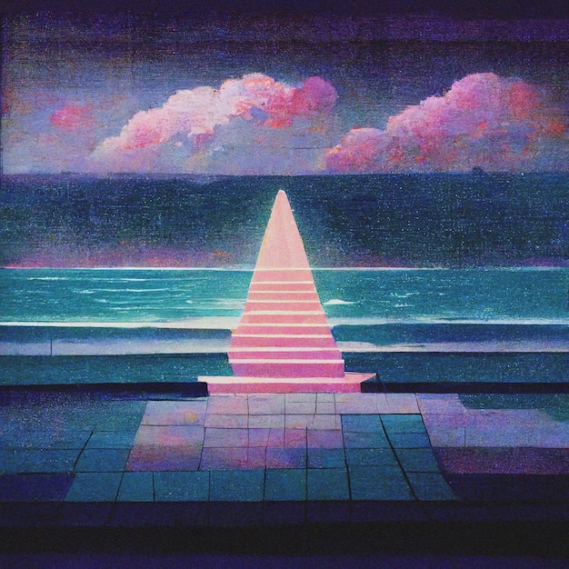 EDM 음악 Ai 렌더를 위한 별 Vaporwave 양식화된 3D 그림이 있는 공간의 추상 복고풍 미래 공상과학 신스웨이브 풍경