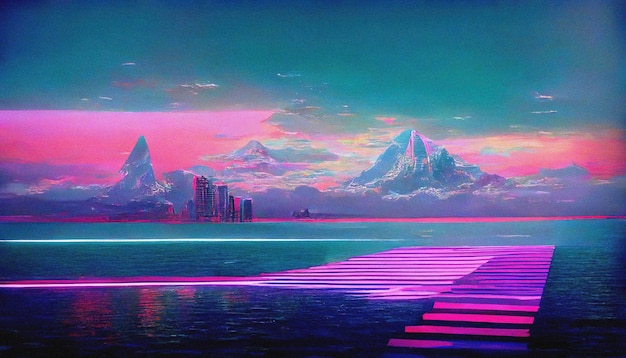 EDM 음악 Ai 렌더를 위한 별 Vaporwave 양식화된 3D 그림이 있는 공간의 추상 복고풍 미래 공상과학 신스웨이브 풍경