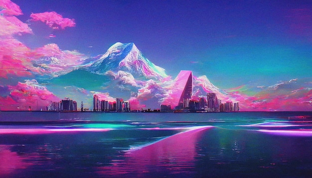 EDM 음악 Ai 렌더를 위한 별 Vaporwave 양식화된 3D 그림이 있는 공간의 추상 복고풍 미래 공상과학 신스웨이브 풍경