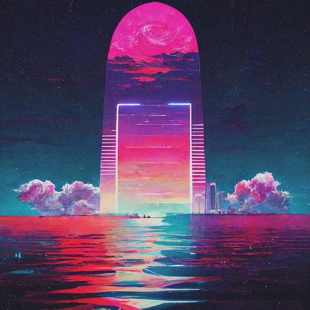 EDM 음악 Ai 렌더를 위한 별 Vaporwave 양식화된 3D 그림이 있는 공간의 추상 복고풍 미래 공상과학 신스웨이브 풍경