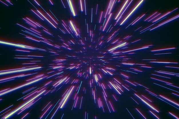 abstract retro of warp or hyperspace motion in blue purple star trail 3d illustration