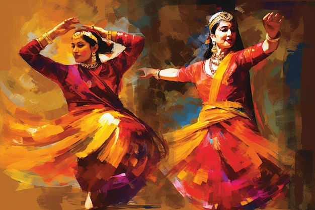 Abstract Rhythms of India Surrender to the hypnotic beats of tabla and the swirling dance of Kathak as India's rich cultural tapestry comes alive in abstract style people illustration generative ai