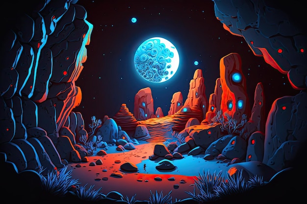 Abstract rocky alien planet scenery Neon blue light emanates from the inside of the craters