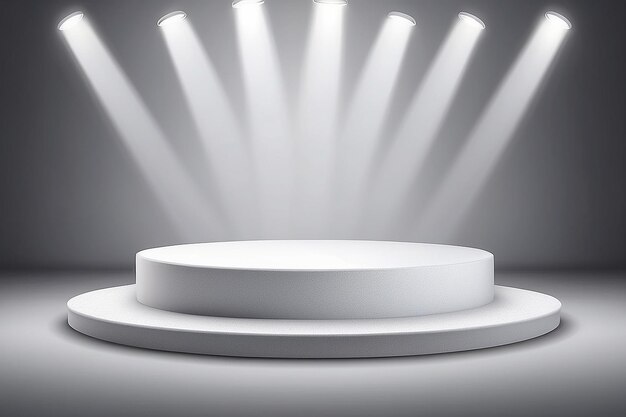 Abstract rond podium met wit tapijt verlicht met schijnwerpers Award ceremonie concept